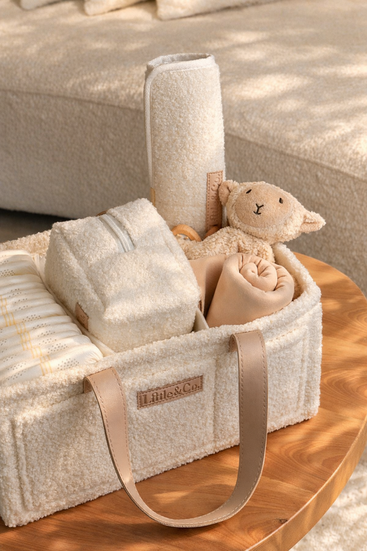 Little & Co bouclé nappy caddy in beige with leather handles, filled with baby essentials including nappies, blanket, and plush toy on a wooden table