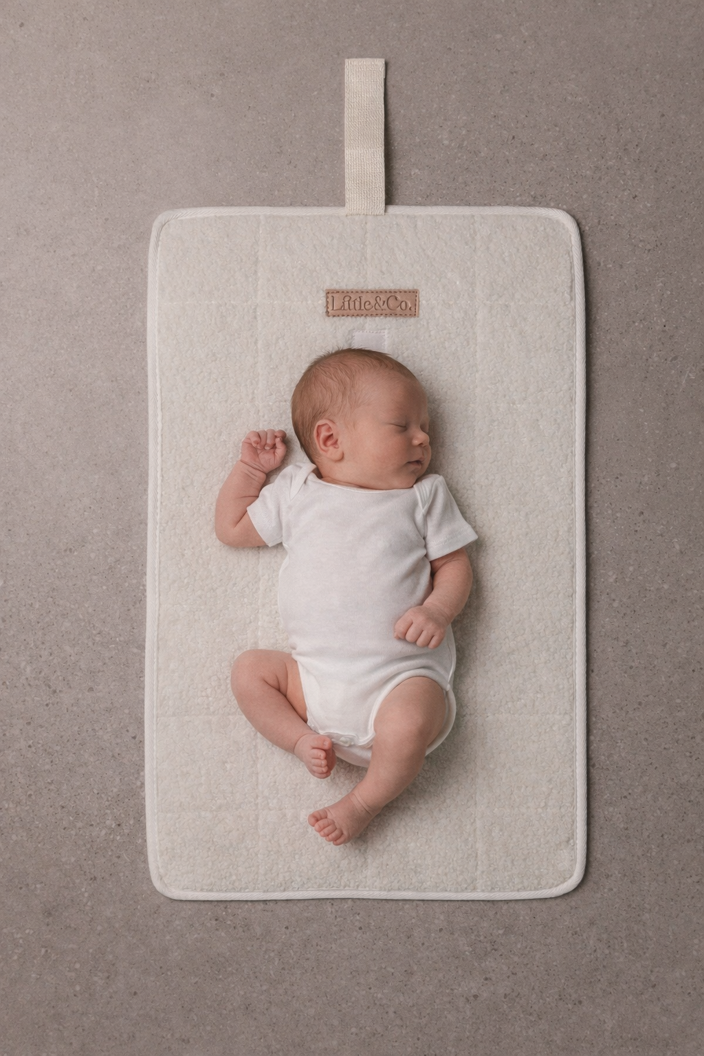 Newborn baby lying on a beige bouclé change mat by Little & Co with logo detail in a neutral setting