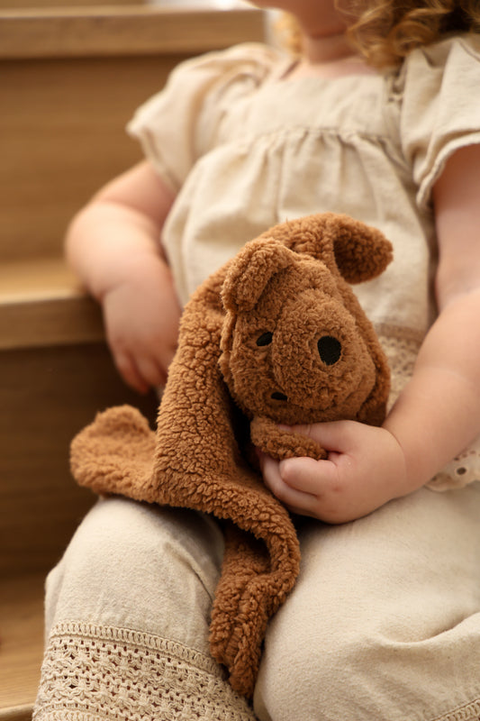 Close-up of toddler cuddling brown teddy cuddly, soft textures and neutral tones