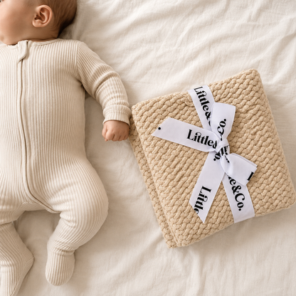 A baby in a cream ribbed footed sleeper lies on white bedding next to a folded chunky-knit cream blanket tied with a white ribbon printed with the brand name 'Little Love & Co'.