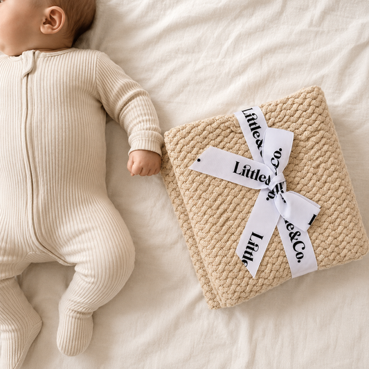 A baby in a cream ribbed footed sleeper lies on white bedding next to a folded chunky-knit cream blanket tied with a white ribbon printed with the brand name 'Little Love & Co'.