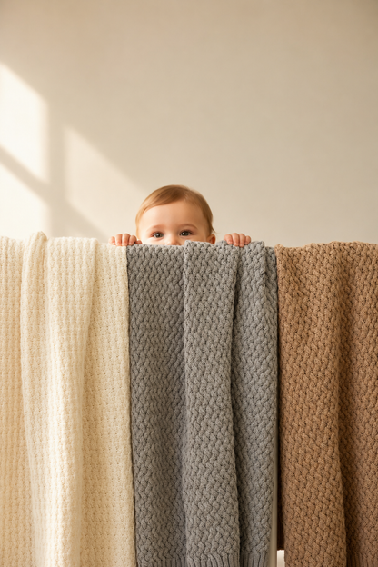 Child peeking from behind a textured blanket with a neutral background