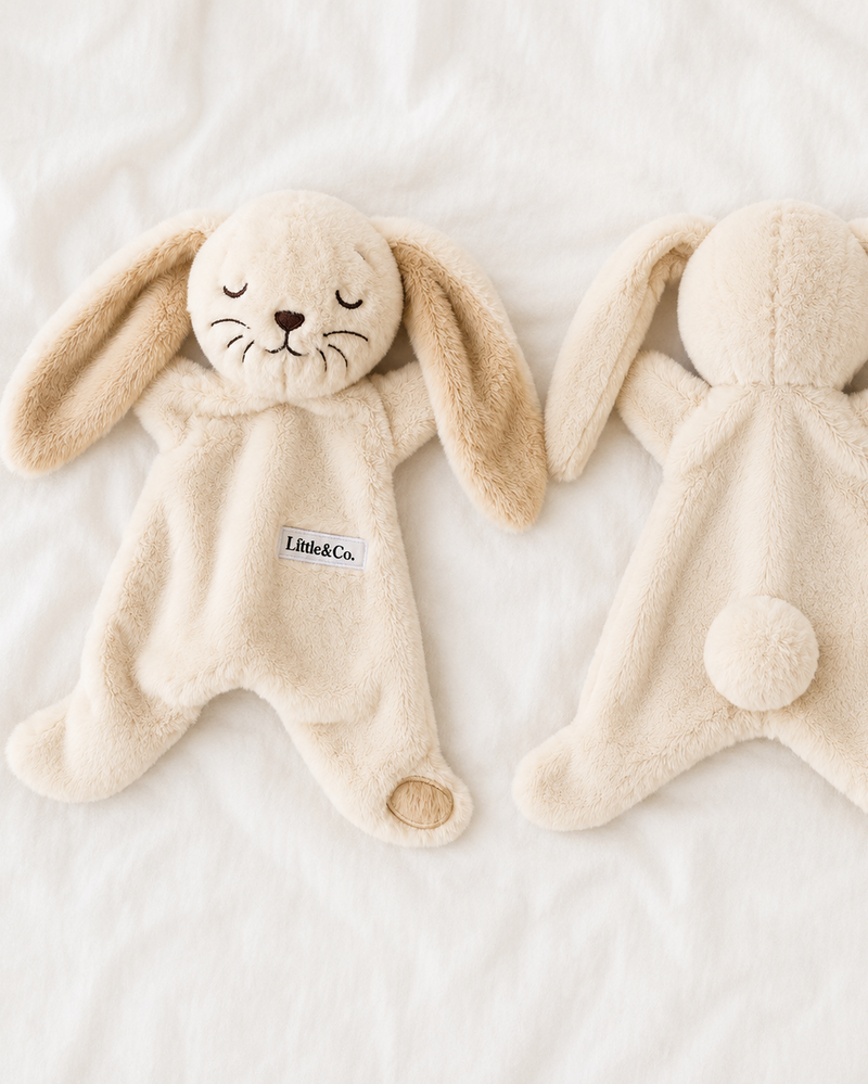 Two beige plush toys resembling bunnies on a white background