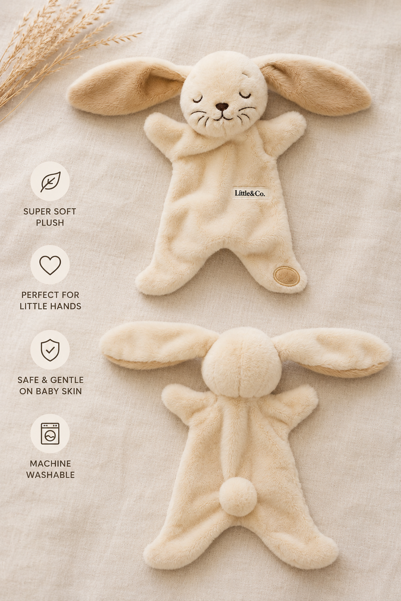 Two beige plush bunny toys on a light background with text describing features.