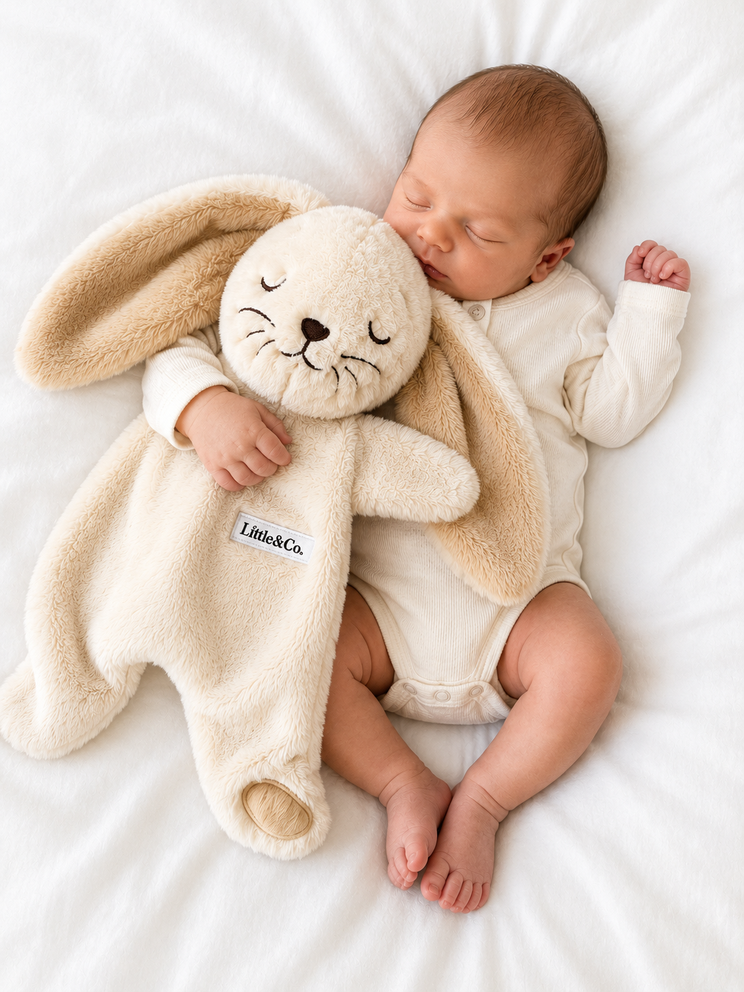 Baby sleeping with a plush bunny toy on a white background