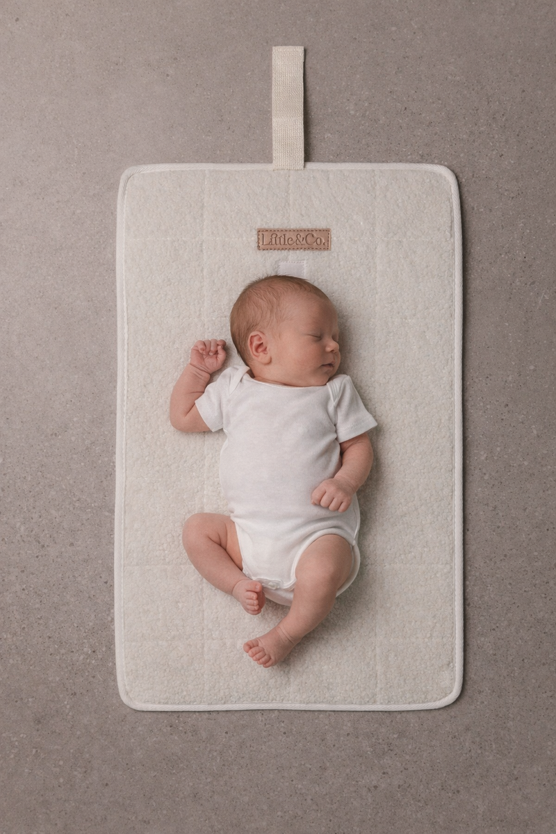 Newborn baby lying on a beige bouclé change mat by Little & Co with logo detail in a neutral setting