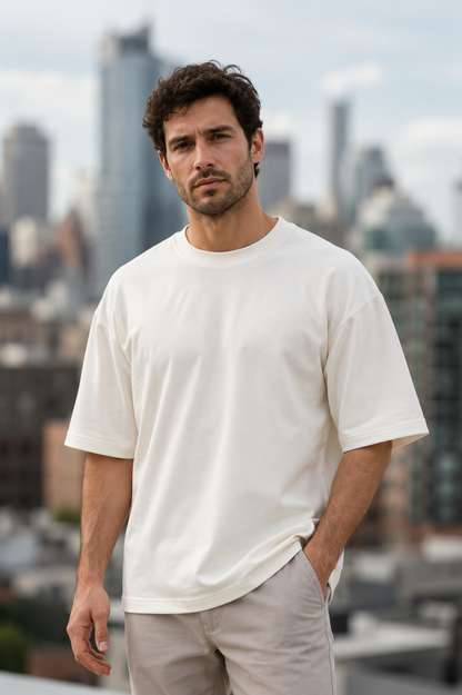 Man wearing a white t-shirt with a city skyline in the background