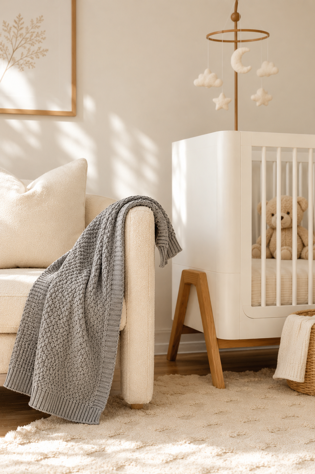 Nursery with a crib, sofa, and decorative elements