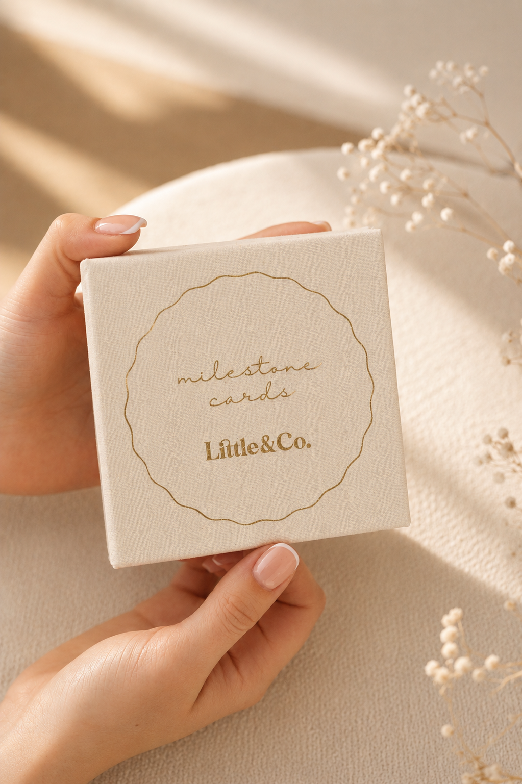 Hand holding a box of 'milestone cards' by Little & Co. on a soft beige background.