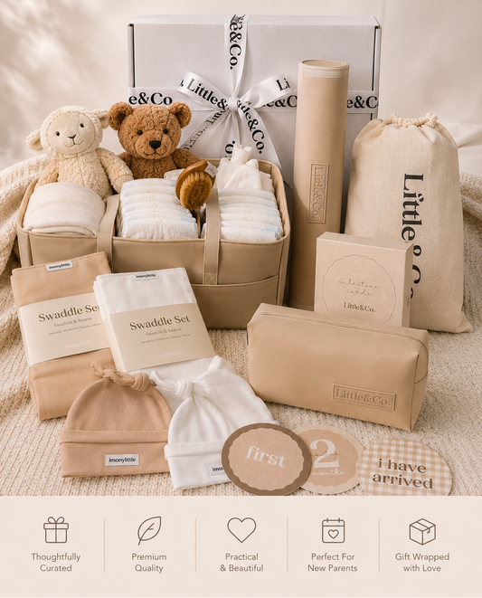 Newborn essentials 10 piece bundle with toys and baby items on a soft surface.