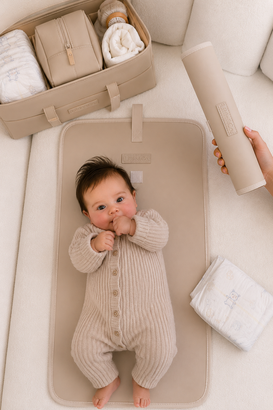 Baby lying on a changing mat with a diaper bag and baby products in the background.