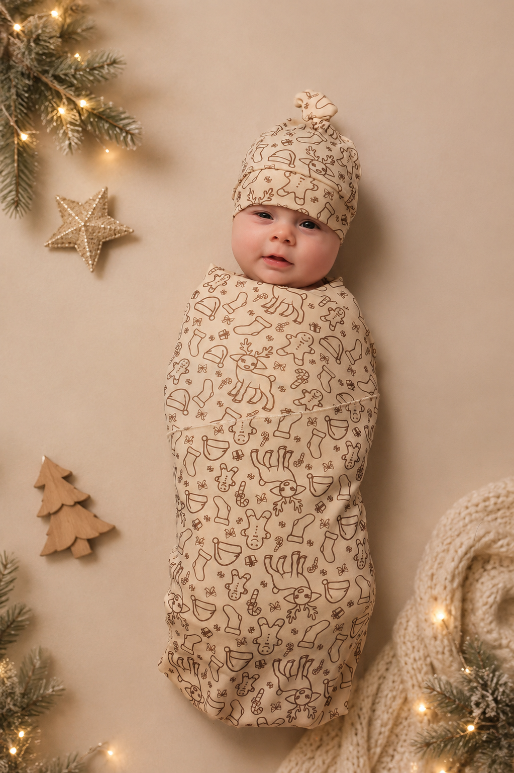 Baby wrapped in a patterned swaddle with Christmas decorations around