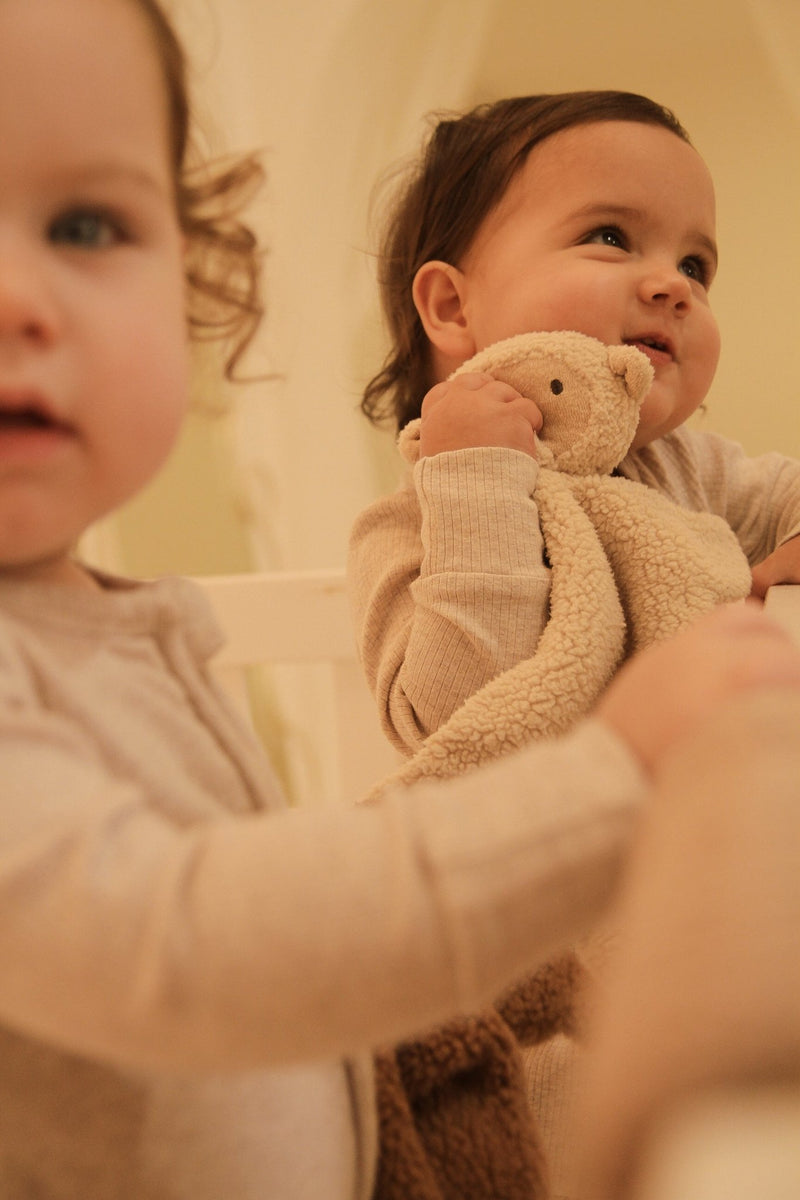 Toddler holding lamb cuddly 