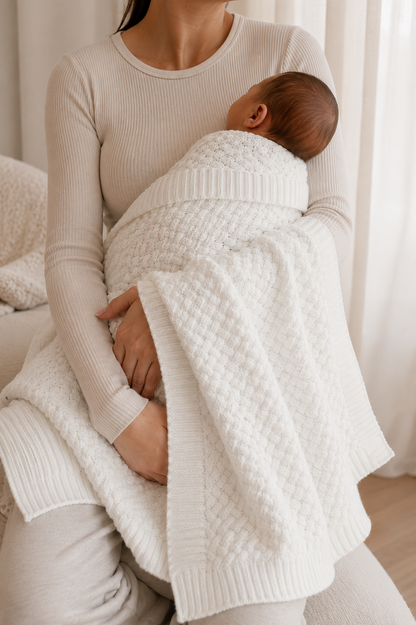 Woman holding a baby wrapped in a white blanket indoors.